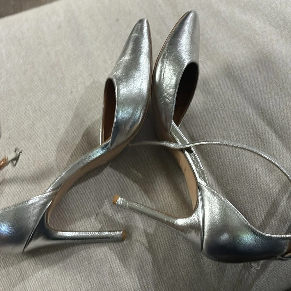 H by Halston “London” Silver Leather High Heel Ankle Strap Pump Sz 8 #12